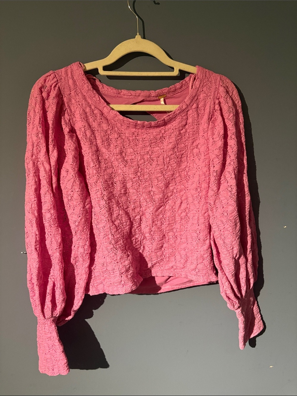 Free People Bubblegum Pink Lace-Textured Long Sleeve Top